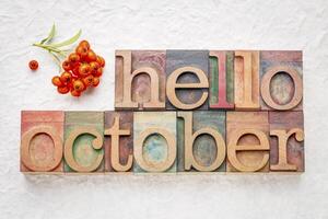 hello October word abstrtact in wood type photo