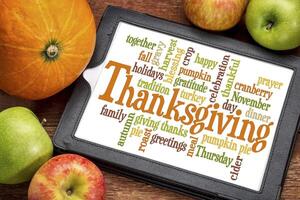 Thanksgiving word cloud on tablet photo