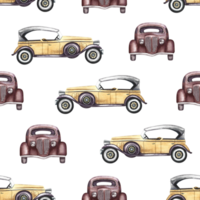 Seamless pattern with vintage retro cars. Illustrations made by hand in watercolor. Front and side view. For textiles, wallpapers and prints, packaging and wrapping paper. png