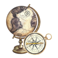 Vintage globe and retro compass. A hand-painted watercolor illustration of an ancient model of the earth on a wooden stand and an antique compass. For banners, flyers, posters. For print, sticker. png