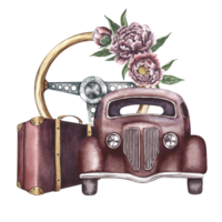 Vintage retro car, front view. An antique wooden steering wheel decorated with vintage flowers and a retro suitcase. A watercolor illustration made by hand. For poster, printing, sticker and postcard. png