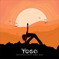 International Yoga Day, yoga pose with birds flying and early morning vector
