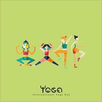 International Yoga Day, yoga pose with birds flying and early morning vector