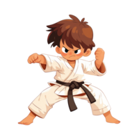 Cute little karate boy with black belt punching png