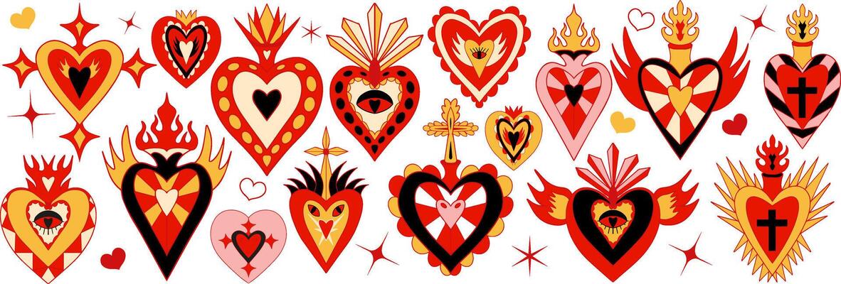 Mexican sacred hearts set, spirit mystical miracles symbol. Heart milagro. Day of the dead Dia de los Muertos holiday. illustration