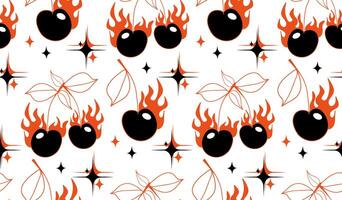 Cherry pattern y2k style. Cherry with burn fire flame background.Tattoo 2000s style print design. Black and red illustration vector
