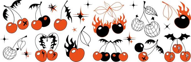 Cherry set y2k 90s style. Cherry with burn fire flame, Disco mirror ball icon for card, sticker, print design. Tattoo 2000s style. Black and red illustration. vector