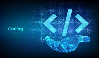 Programming code. Coding or Hacker sign. Programming code icon made with binary code in wireframe hand. Digital binary data and digital code. Matrix background with digits 1.0. Illustration. vector