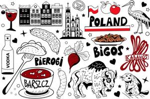 Poland travel icons set of symbols of Polish traditional dishes, animals, flag, architecture. Bison and beaver, and cabanos. English translation of dumplings, borscht, bigos. illustration. vector