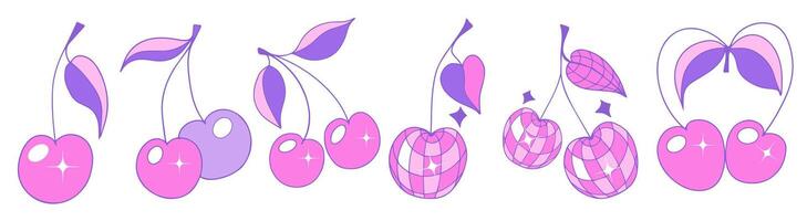 Cute cherry set y2k 90s style. Berry girly icon for card, sticker, print design. Pink glamour illustration vector