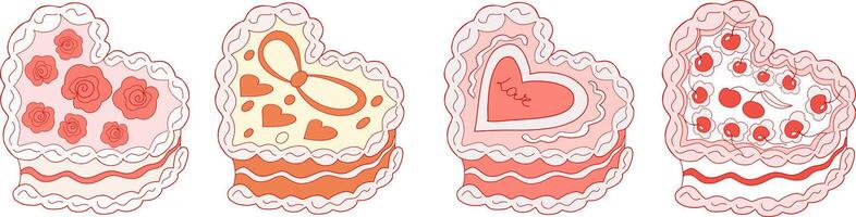 Cute heart shaped cake set with cherry. Cakes collection coquette. A sweet dessert in the style of y2k. illustration vector