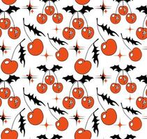 Cherry pattern y2k style. Cherry with burn fire flame background.Tattoo 2000s style print design. Black and red illustration vector