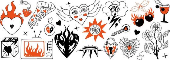 Y2k goth aesthetic stickers, tattoo art elements. black and red grange punk rock set. illustration vector