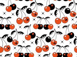 Cherry pattern y2k style. Cherry with burn fire flame background.Tattoo 2000s style print design. Black and red illustration vector