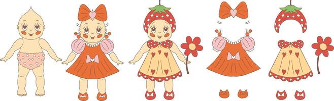 Coquette Kewpie dolls set, cute paper doll and set of summer clothes. hand draw illustration vector