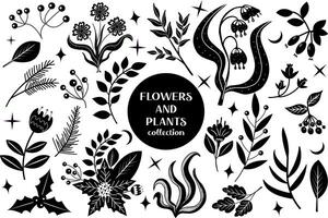 conjunto de negro resumen flores y hojas.botánicas grabado en linóleo planta y orgánico elementos, hierbas impresión. ilustración vector