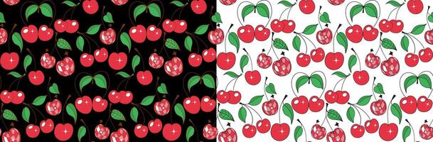 Red cherries seamless pattern black and white background vector