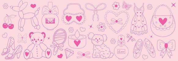 Pink girly coquette y2k aesthetic set, elegant vintage accessory. Lovely cute collection, red cherrie, pink ribbon, bow, balloon dog. illustration vector