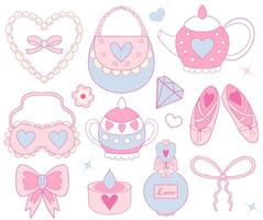 Cute pink retro 90s coquette style set with Beautiful dishes, bow, perfume. Princess collection. illustration vector