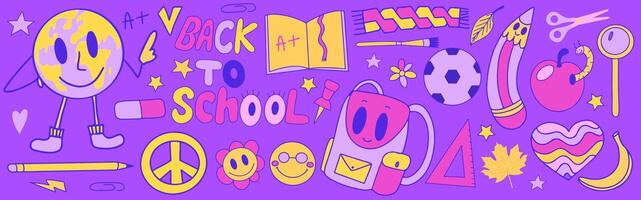 Back to school groovy stickers set in retro 70s style. Psychedelic collection of hippie design elements. School and education doodles hand drawn symbols and objects. vector