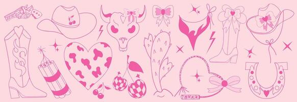 Hand drawn pink girl cowboy set. Collection of retro Cowboy coquette girly vintage style with bow and ribbon.western and wild west theme. illustration vector