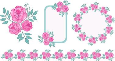 Pink roses frame , border set, isolated on the white background for Princess coquette floral decoration. illustration vector