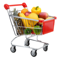 Shopping cart with food products isolated on transparent background, without background . png