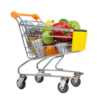 Shopping cart with food products isolated on transparent background, without background . png