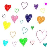 Set of colored hearts drawn in doodle style with pencils on a white background vector