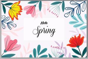 Hello Spring lettering and colorful flowers banners design vector