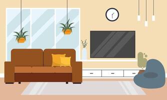 Living room with furniture. Cozy interior with sofa and tv vector