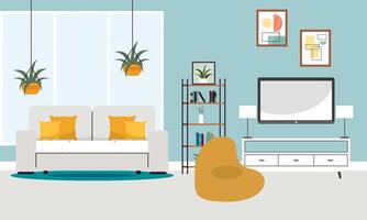 Living room with furniture. Cozy interior with sofa and tv vector