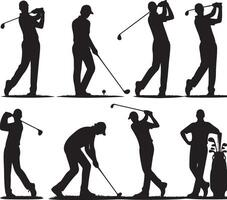 golf jugador silueta en diferente poses y actitudes sencillo mínimo negro color silueta vector