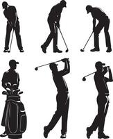 Golf player silhouette in different poses and attitudes simple minimal black color silhouette vector