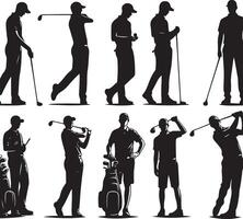 Golf player silhouette in different poses and attitudes simple minimal black color silhouette vector