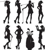 Golf player silhouette in different poses and attitudes simple minimal black color silhouette vector