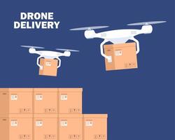 Drone working in modern warehouse. Robotics technology concept, fast delivery, artificial intelligence. illustration. vector