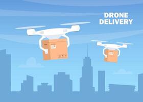 Delivery drone with the cardboard box flying over the town. Quadcopters carrying a package to customer. Technological shipment innovation. Drone delivery service. vector