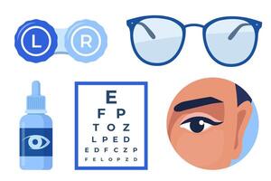 Ophthalmology icons set. Glasses, eye drops, contact lenses, test table with letters for eye examination. Vision correction. Ophthalmology concept. vector