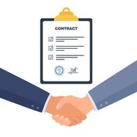 Concluding a contract, business negotiations. Two male businessmen shake hands, make a deal, sign a contract. Clipboard with agreement, contract. vector