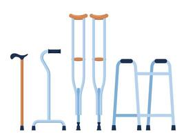 Set of mobility aids including a walker, crutches, quad cane, forearm crutches. Health care concept. vector