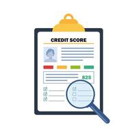 Credit score, gauge. Clipboard with a personal credit information and magnifier. Report form document. vector