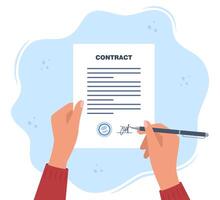 Contract agreement paper blank on clipboard. Hand signing agreement. Contract with seal and signature. vector