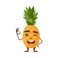 Cute and funny pineapple character with smile on face and OK gesture. Colorful summer design. vector