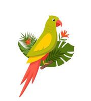 Parrot and tropical leaves, beautiful floral exotic background. vector