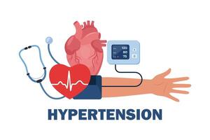 Medical examination and cardiology checkup. Tonometer. Measuring high blood pressure, test tubes, syringe, patient medical card, medications, syringe, heart. vector