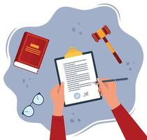 Civil law concept. Business man hand signing a paper document. Gavel and judge book. Workplace desk top view. vector