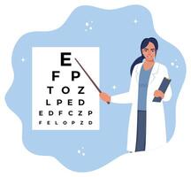 Oculist standing near eye test board and showing letter. Ophthalmology diagnostics, vision correction, optometry. Ophthalmologist checking eyesight of patient. Eye clinic appointment. vector