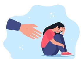 Human hand helps unhappy and sad young girl in depression sitting. Mental health concept. vector