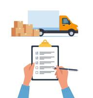 Lorry and pile of boxes. Clipboard with checklist in human hands. Delivery concept. Transportation of goods. Moving to new house. vector